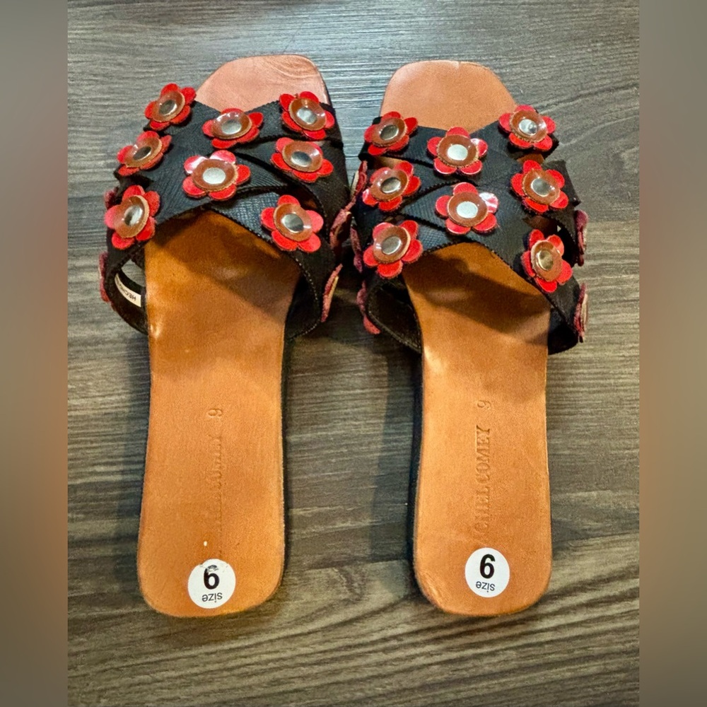 New Rachel Comey Acta Sandals Red Flowers Criss Cross Slides
